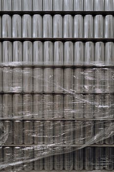 Vertical shot of stacked aluminum cans wrapped in plastic, showcasing industrial packaging.